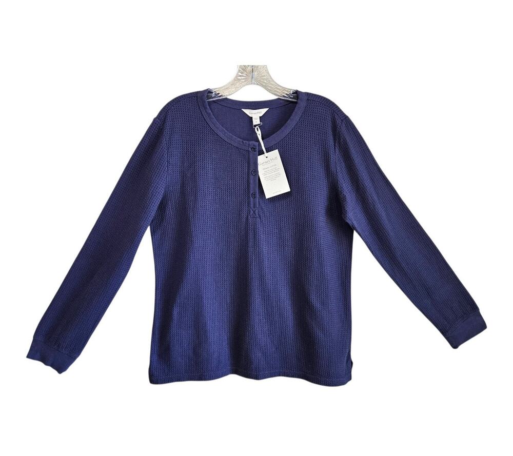 GARNET HILL Women M Henley Waffle Top 1/4 Buttons Dark Purple Organic Cotton 38"